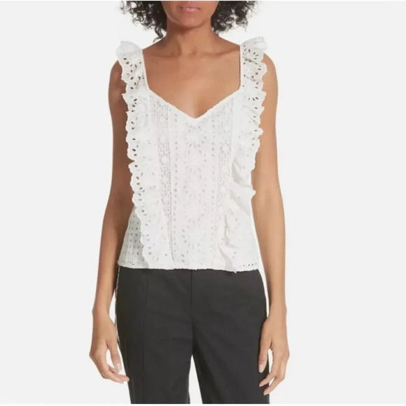 Joie Tank Top Blouse Lace Eyelet Sleeveless Floral V-Neck Ruffle Trim White 2 - Picture 11 of 12